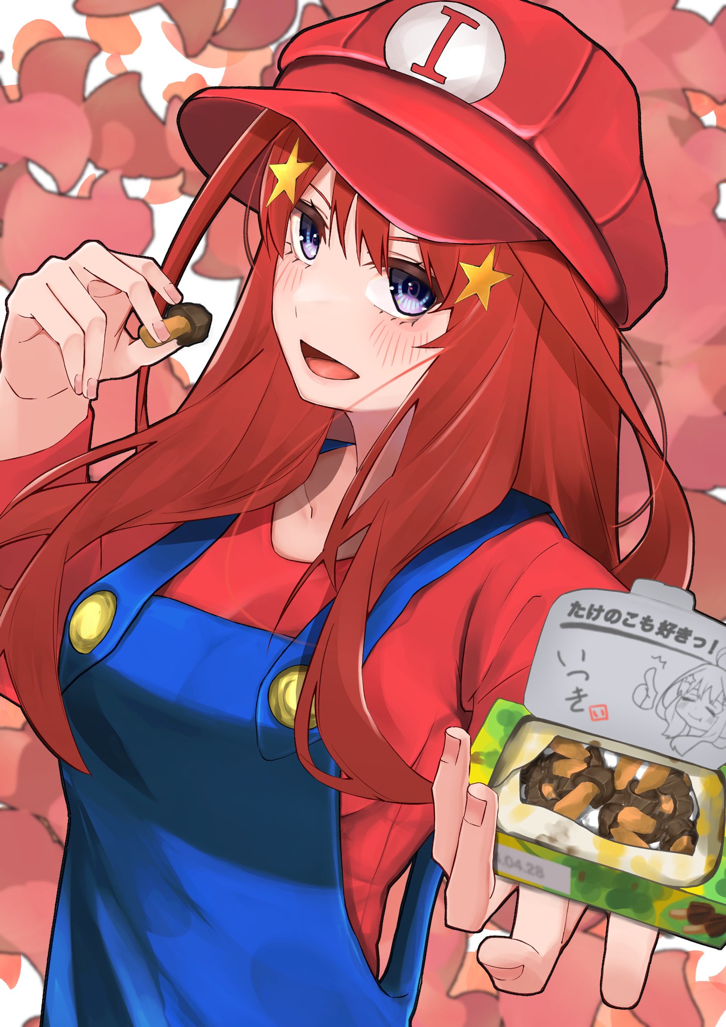 1girl :d blue_eyes blue_overalls blush breasts character_print commentary_request cosplay eyelashes fingernails go-toubun_no_hanayome hair_between_eyes hair_ornament hand_up hat highres holding holding_mushroom imananashi incoming_gift large_breasts long_hair long_sleeves looking_at_viewer mario mario_(cosplay) mario_(series) mushroom nakano_itsuki open_mouth overalls peaked_cap reaching reaching_towards_viewer red_hair red_headwear red_shirt shirt sidelocks simple_background smile solo star_(symbol) star_hair_ornament upper_body v-shaped_eyebrows