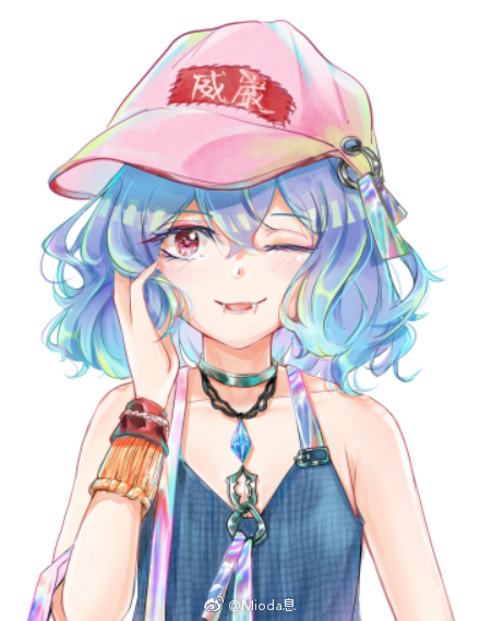 1girl alternate_costume bare_arms bare_shoulders baseball_cap blue_hair blue_tank_top breasts chinese_commentary cleavage commentary_request diamond_necklace eyelashes fangs grey_choker hair_between_eyes hand_in_own_hair hat light_blush looking_at_viewer medium_hair mioda_xi one_eye_closed open_mouth pink_headwear red_eyes remilia_scarlet simple_background small_breasts smile solo straight-on tank_top touhou upper_body watermark wavy_hair weibo_logo weibo_username white_background wrist_cuffs
