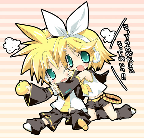 1girl blonde_hair brother_and_sister chibi kagamine_len kagamine_rin lowres paco siblings translated twins vocaloid