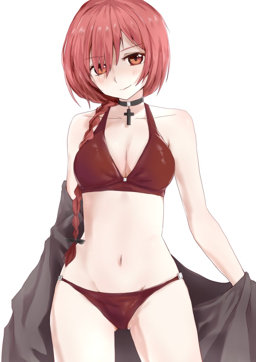 1girl bell bikini black_choker blush braid breasts brown_coat choker cleavage closed_mouth coat cowbell cowboy_shot cross cross_choker drawfag groin hair_ribbon highres long_hair medium_breasts navel okazaki_yumemi red_bikini red_eyes red_hair removing_coat ribbon simple_background smile solo stomach swimsuit touhou touhou_(pc-98) white_background