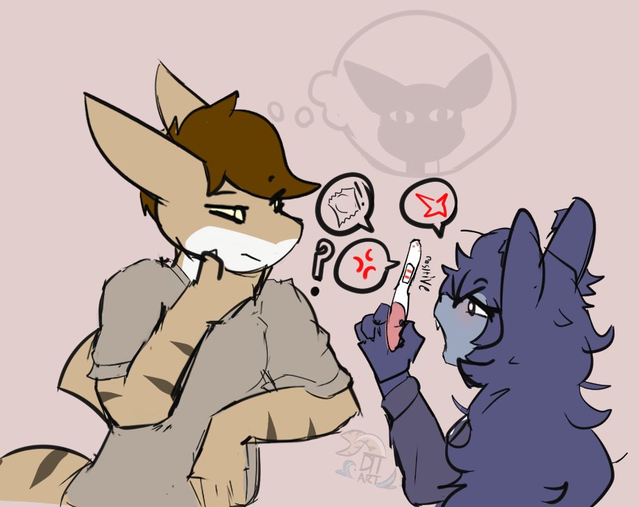 angry anthro arik_(dttart) canid canine canis cross-popping_vein domestic_dog dttart female fish male mammal marine mini_(puppy_in_space) pregnancy_test pregnant question_mark requiem_shark shark thought_bubble tiger_shark