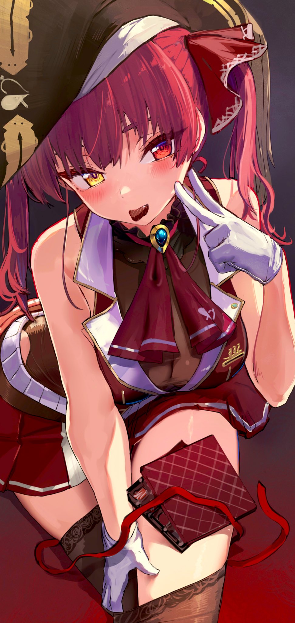 1girl akasaai ascot black_choker blush box box_of_chocolates breasts chocolate choker cleavage commentary cropped_jacket food_in_mouth frilled_choker frills gloves hair_ribbon hand_in_thighhighs hat heterochromia highres hololive houshou_marine houshou_marine_(1st_costume) jacket large_breasts leaning_forward leotard leotard_under_clothes looking_at_viewer miniskirt on_floor pirate_hat red_ascot red_eyes red_hair red_jacket red_ribbon red_skirt ribbon see-through see-through_cleavage see-through_leotard simple_background sitting skirt sleeveless sleeveless_jacket solo thighhighs twintails v virtual_youtuber white_gloves yellow_eyes