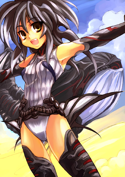 black_hair cloud day desert final_fantasy final_fantasy_iv kouno_hikaru leotard lunar_whale open_mouth outstretched_arms personification sky smile solo space_craft spread_arms whale yellow_eyes