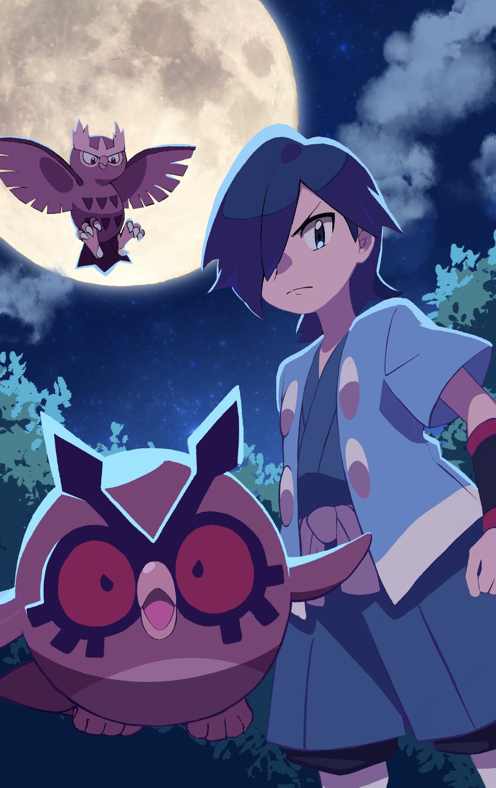 1boy black_wristband blue_hair blue_kimono closed_mouth commentary_request evolutionary_line falkner_(pokemon) from_below hair_over_one_eye haori highres hoothoot japanese_clothes kimono looking_down male_focus moon night noctowl outdoors pokemon pokemon_(creature) pokemon_hgss sky tyako_089