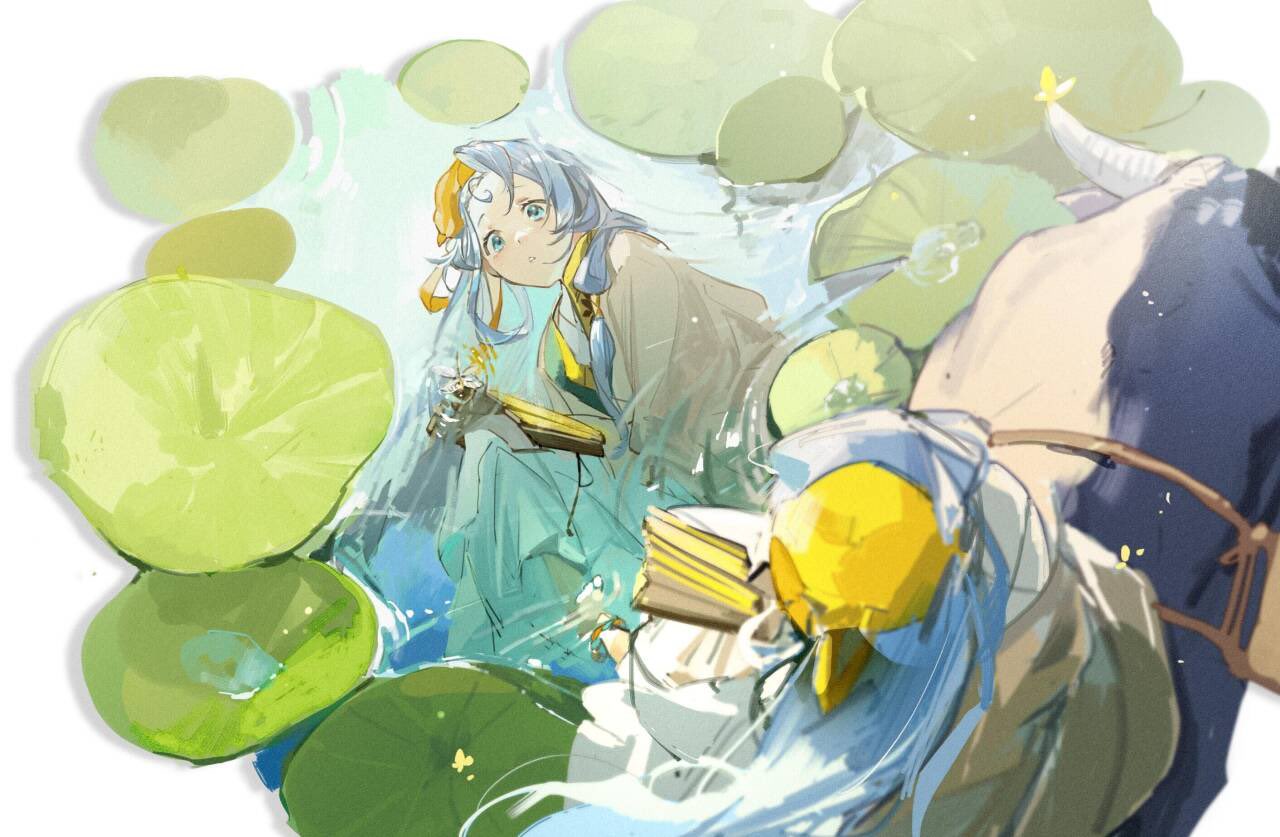 1girl 37_(reverse:1999) blue_eyes blue_hair bokyo brown_hanfu brown_robe bull bun_cover chinese_clothes hanfu lily_pad long_hair reflection reflective_water reverse:1999 riding riding_animal ripples robe solo triangle_mouth very_long_hair