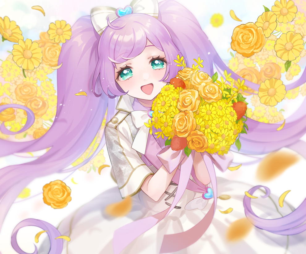 1girl :d ahoge blue_eyes bouquet bow commentary_request cowboy_shot dress falling_petals floral_background flower from_above hair_bow holding holding_bouquet long_hair looking_at_viewer looking_up manaka_laala nanceee_305 open_mouth orange_flower orange_rose petals pretty_series pripara purple_hair rose smile solo standing twintails very_long_hair white_bow white_dress yellow_flower