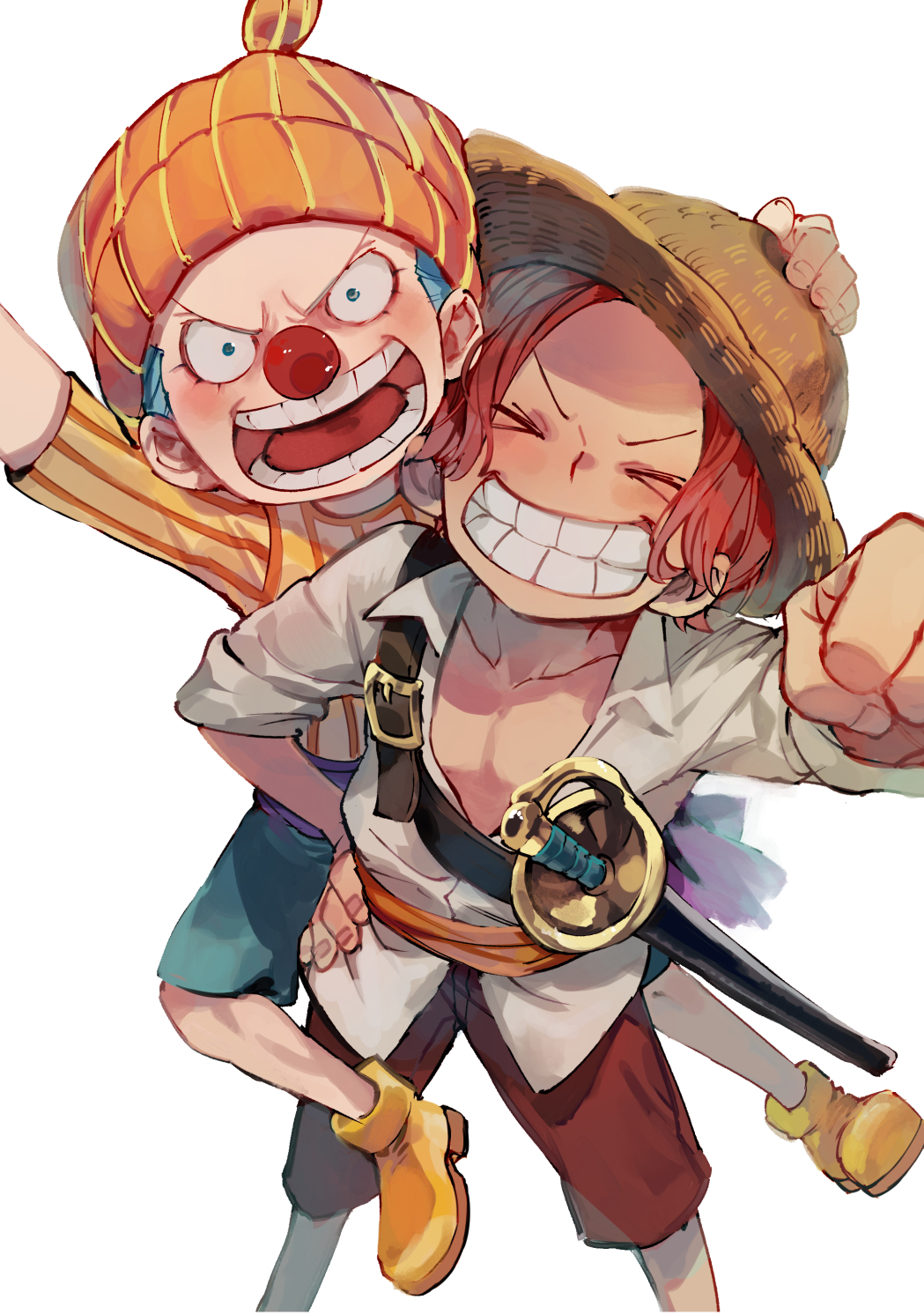 2boys aged_down angry arm_up beanie blue_eyes blue_hair blue_shorts blush buggy_the_clown clenched_hand closed_eyes clown clown_nose grin hand_on_another's_head hand_on_headwear hand_on_own_hip hat highres looking_at_viewer male_focus mochika multiple_boys one_piece open_clothes open_mouth open_shirt orange_headwear raised_fist red_hair red_nose red_shorts scabbard shanks_(one_piece) sheath sheathed shirt short_hair shorts sleeves_rolled_up smile straw_hat striped_clothes striped_shirt sword teeth weapon white_shirt yellow_footwear