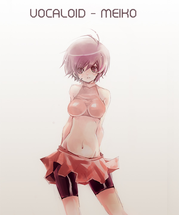 bike_shorts breasts character_name contrapposto copyright_name latex looking_at_viewer medium_breasts meiko midriff shimeko short_hair skirt solo standing vocaloid