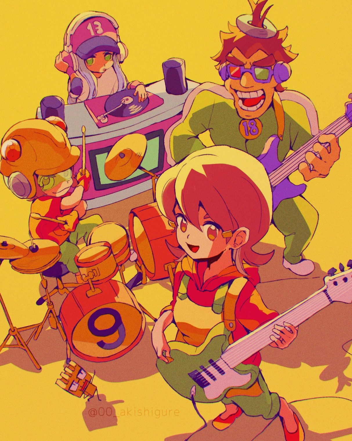 00_akishigure 13-amp 18-volt 2boys 2girls 5-volt 9-volt apron brown_eyes brown_hair dj drum drumsticks electric_guitar fronk green_eyes guitar hat headphones helmet highres holding holding_drumsticks holding_guitar holding_instrument hood hoodie instrument multiple_boys multiple_girls open_mouth red_hoodie smile tinted_eyewear warioware yellow_background