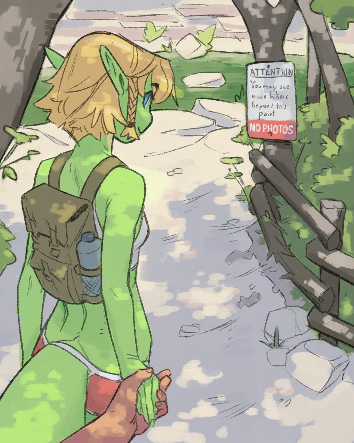 4:5 ambiguous_gender anais_(lightningwolt) anthro backpack blonde_hair blue_eyes bottle bottomwear breasts clothing container crop_top disembodied_hand duo english_text female female/ambiguous first_person_view furgonomic_bottomwear furgonomics green_body green_scales hair hi_res hiking hotpants human lightningwolt lizard looking_at_viewer looking_back looking_back_at_viewer mammal nature outside reptile scales scalie shirt shorts sign small_breasts smile tail text thick_tail topwear trail water_bottle