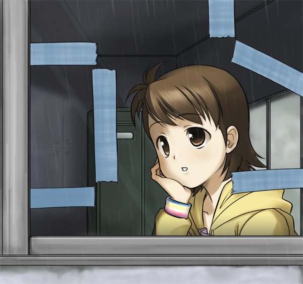 :o brown_eyes brown_hair face from_outside futami_ami hand_on_own_cheek head_rest hood hooded_jacket idolmaster idolmaster_(classic) idolmaster_1 indoors jacket locker looking_out_window parted_lips pesi rain reflection solo upper_body water window