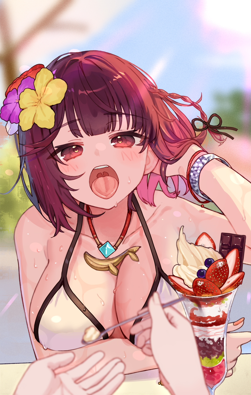 1girl 1other atelier_(series) atelier_sophie bikini blue_sky blurry blurry_background bracelet braid breasts day dessert flower food fruit hair_flower hair_ornament highres jewelry large_breasts looking_at_viewer necklace open_mouth outdoors pov red_eyes red_hair ryuuno6 single_braid sky solo_focus sophie_neuenmuller strawberry sweat swimsuit tongue tongue_out upper_body yellow_flower