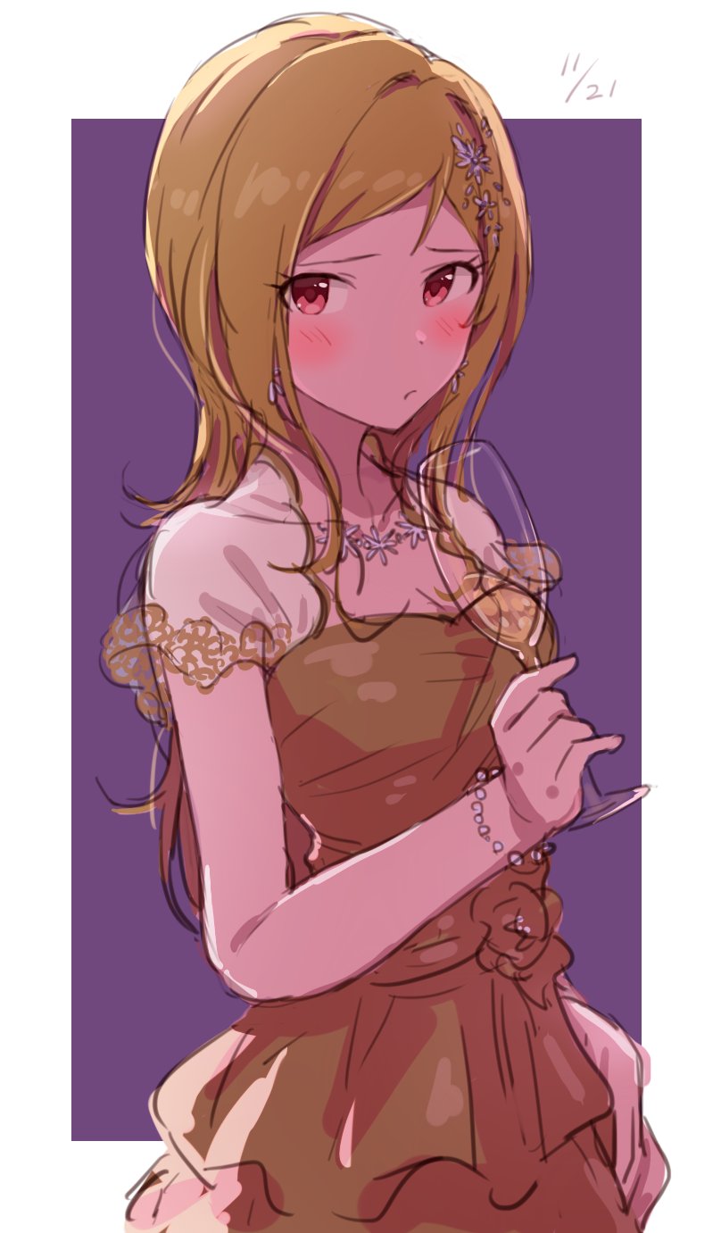 1girl blonde_hair blush border bracelet breasts brown_dress cleavage closed_mouth collarbone cup dani-ikapi dot_nose dress earrings flower hair_flower hair_ornament hand_up highres holding holding_cup idolmaster idolmaster_million_live! idolmaster_million_live!_theater_days jewelry large_breasts long_hair looking_at_viewer momose_rio outside_border purple_background purple_flower red_eyes short_sleeves simple_background solo upper_body white_border