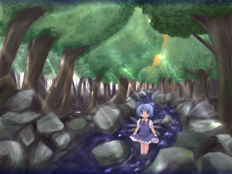 cirno forest lzh nature river scenery solo touhou wading wallpaper water
