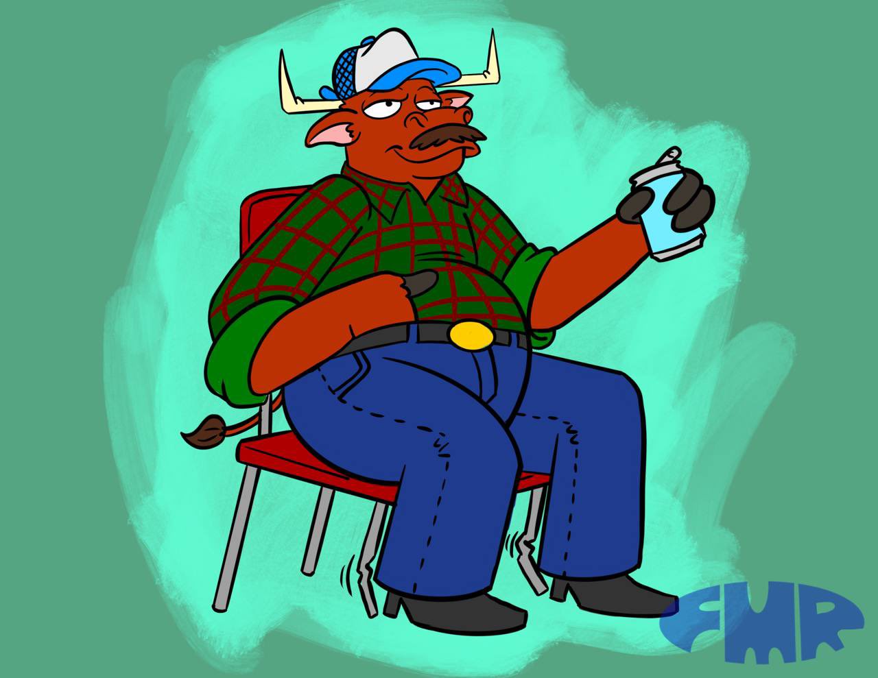 anthro beld bending_chair black_boots black_clothing black_footwear blue_bottomwear blue_clothing blue_hat blue_headwear blue_jeans blue_pants boots bottomwear bovid bovine brown_body brown_fur cattle chair checked_shirt clothed clothing denim denim_bottomwear denim_clothing detailed_background facial_hair footwear foxmanad fully_clothed fur furniture green_background green_button-down_shirt hat headgear headwear horn jeans male mammal mustache overweight overweight_male pants signature simple_background sitting smile solo white_clothing white_hat white_headwear