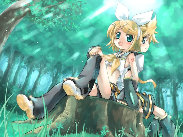1girl brother_and_sister kagamine_len kagamine_rin siblings twins vocaloid yuugiri