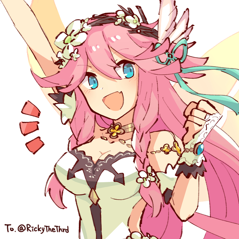 1girl :d alonemistrist arm_up bare_shoulders blue_eyes breasts cleavage clenched_hand dragalia_lost dress fairy fairy_wings fang flower hair_between_eyes hair_flower hair_ornament hair_ribbon long_hair looking_at_viewer notte_(dragalia_lost) open_mouth pink_hair ribbon skin_fang sleeveless sleeveless_dress smile strapless strapless_dress upper_body very_long_hair white_background wings