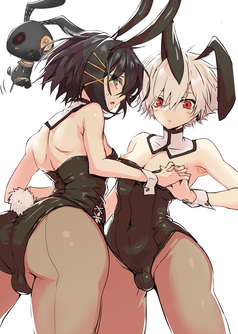 2boys animal_ears ass black_hair black_leotard blush brown_pantyhose commentary covered_navel crossdressing detached_collar earrings fake_animal_ears from_below green_eyes hair_between_eyes hair_ornament hairclip highres holding_hands jewelry leotard looking_at_viewer male_focus male_playboy_bunny mole mole_under_mouth monark multiple_boys nipple_slip nipples open_mouth otoko_no_ko pantyhose pectoral_cleavage pectorals pepero_(prprlo) protagonist_(monark) puffy_nipples rabbit_ears rabbit_tail red_eyes shiny_clothes shinya_yuda short_hair simple_background sweatdrop symbol-only_commentary tail testicles white_background white_hair x_hair_ornament