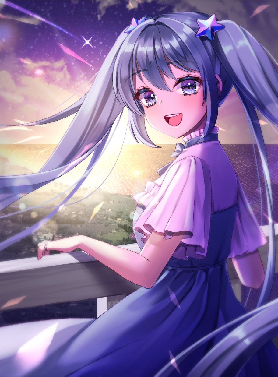 1girl :d against_railing aqua_eyes aqua_hair blue_bow blue_bowtie blue_dress bow bowtie cloud cloudy_sky dress ewokaku335 floating_hair frilled_dress frilled_shirt frills gradient_sky hair_between_eyes hair_ornament hatsune_miku highres jewelry landscape lens_flare light_particles long_hair looking_at_viewer looking_back nature ocean railing raised_eyebrows ring shirt short_sleeves sidelocks sky smile sparks star_(sky) star_(symbol) star_hair_ornament starry_sky sunlight sunset teeth twintails upper_teeth_only very_long_hair vocaloid white_shirt
