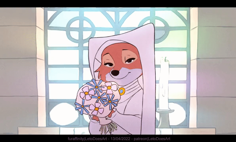 2d_animation animated anthro bedroom_eyes bouquet candle canid canine church clothing disney dress eyes_closed female flower flower_bouquet fox letodoesart looking_at_viewer maid_marian mammal narrowed_eyes plant robin_hood_(disney) seductive smile smiling_at_viewer solo wedding_dress wedding_veil