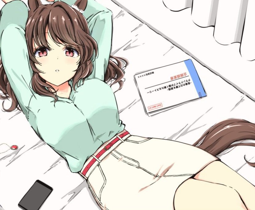1girl animal_ears breasts brown_hair cellphone ear_ornament green_shirt hair_ornament hairclip horse_ears horse_girl horse_tail jewelry large_breasts light_hello_(umamusume) long_hair long_sleeves looking_at_viewer lying necklace on_back pencil_skirt phone red_eyes shirt skirt smartphone solo tail tanaka_wonder umamusume unworn_jewelry unworn_necklace white_skirt