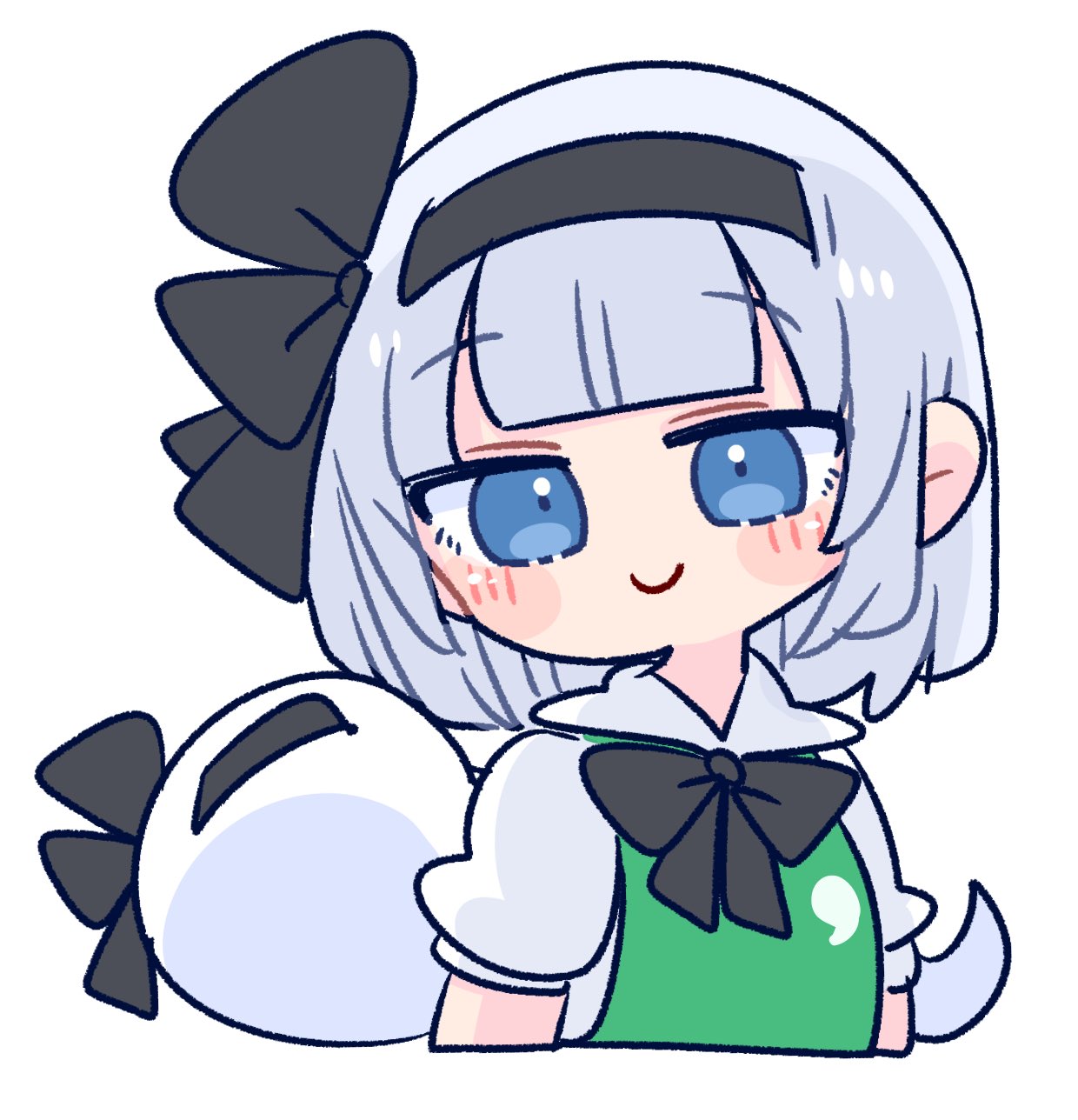 1girl black_bow black_bowtie black_hairband blue_eyes bob_cut bow bowtie green_vest grey_hair hairband highres hitodama hitodama_print konpaku_youmu konpaku_youmu_(ghost) looking_at_viewer op_na_yarou short_hair smile solo touhou vest