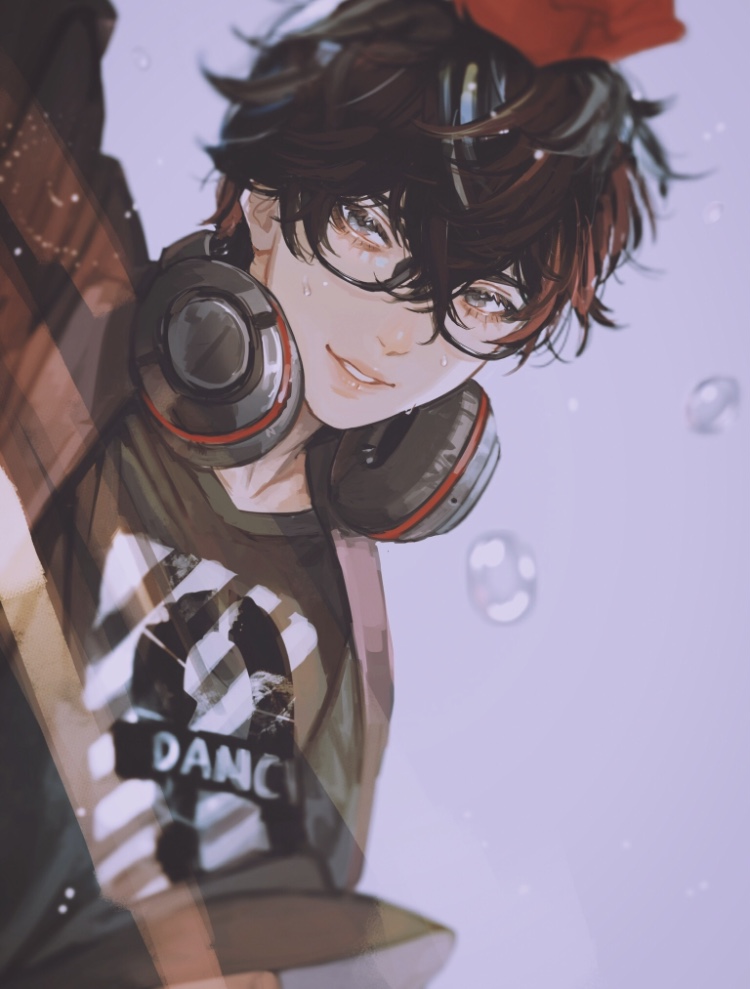 1boy amamiya_ren arm_up black_hair bubble commentary_request glasses gloves grey_background grey_eyes hair_between_eyes headphones headphones_around_neck looking_at_viewer male_focus parted_lips persona persona_5 persona_5:_dancing_star_night persona_dancing red_gloves sageo_yn short_hair simple_background smile solo upper_body