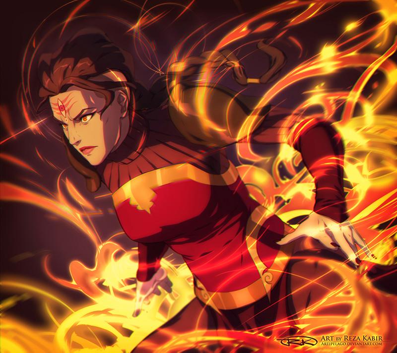 1girl armor artist_name avatar_legends bad_deviantart_id bad_id black_nails brown_hair closed_mouth english_text fire lips long_hair nail_polish p'li_(the_legend_of_korra) pyrokinesis red_eyes red_lips signature solo the_art_mage the_legend_of_korra third_eye upper_body