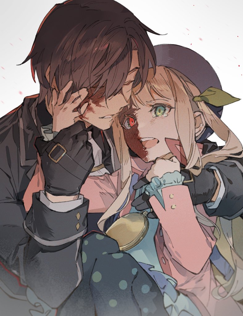 1boy 1girl black_hair blonde_hair closed_eyes elle_mel_martha gloves green_eyes hat heterochromia jacket long_hair looking_at_another ludger_will_kresnik open_mouth pantyhose pink_jacket polka_dot red_eyes spoilers tales_of_(series) tales_of_xillia tales_of_xillia_2 xing_20