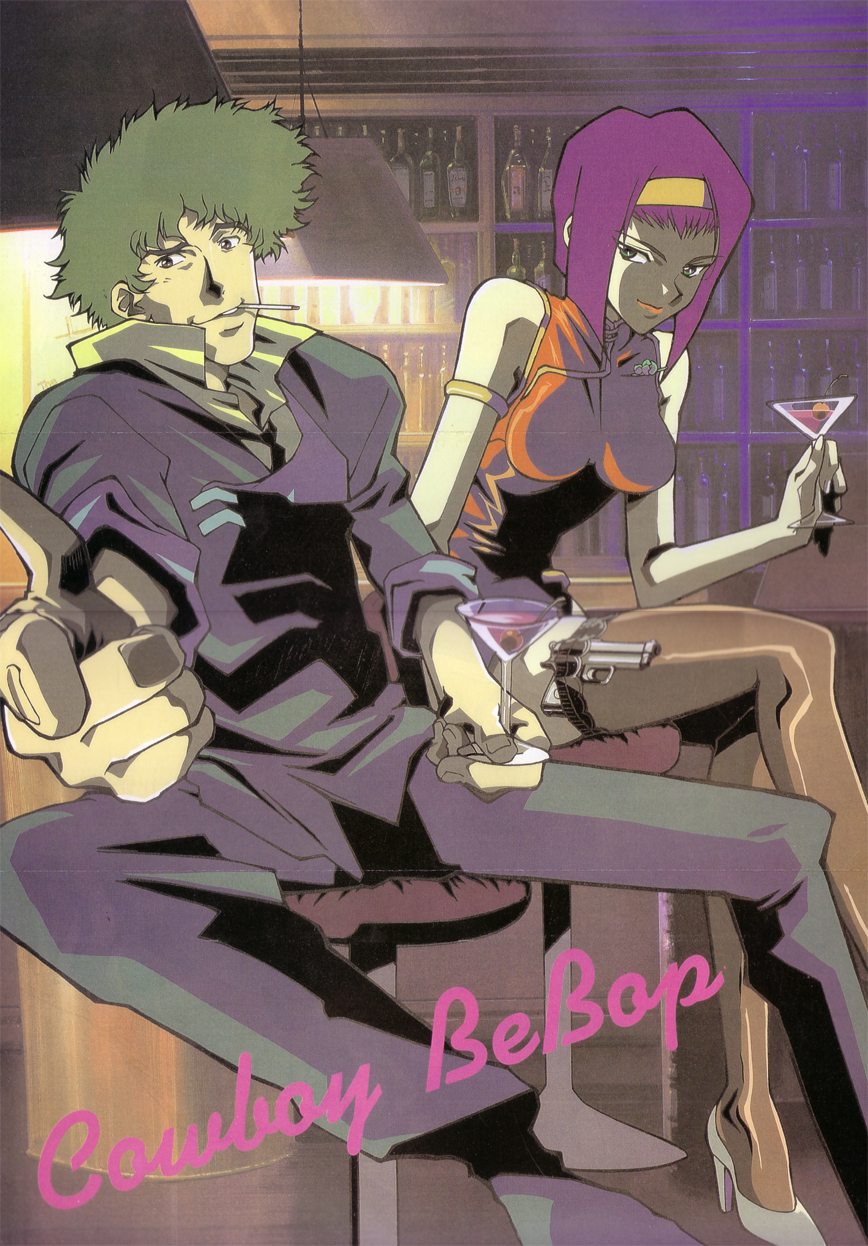 1boy 1girl alcohol bottle cigarette cowboy_bebop faye_valentine green_hair gun hairband highres indoors lipstick makeup official_art pants purple_hair spike_spiegel spiked_hair weapon yellow_hairband