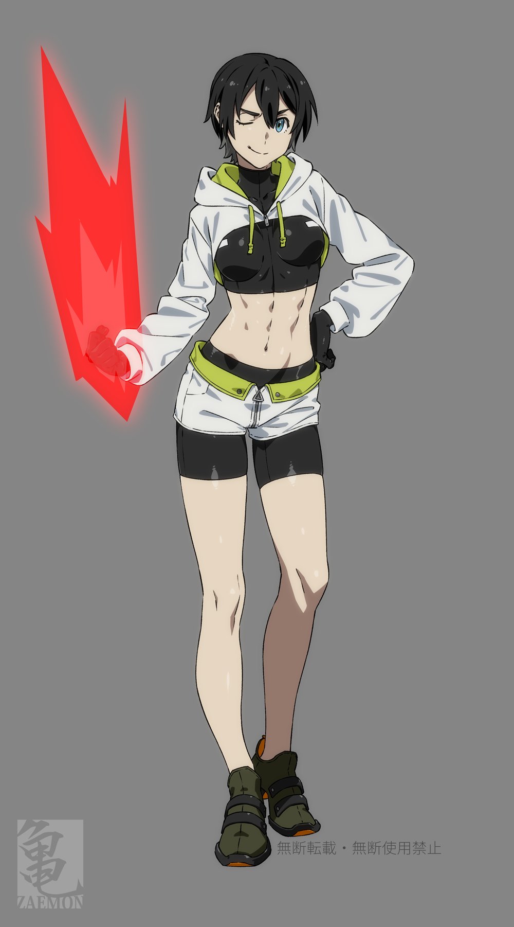 1girl abs bike_shorts black_gloves black_hair black_shorts blue_eyes crop_top cropped_hoodie gloves highres hood hoodie kamezaemon light_smile midriff navel one_eye_closed original short_hair short_shorts shorts simple_background solo white_hoodie