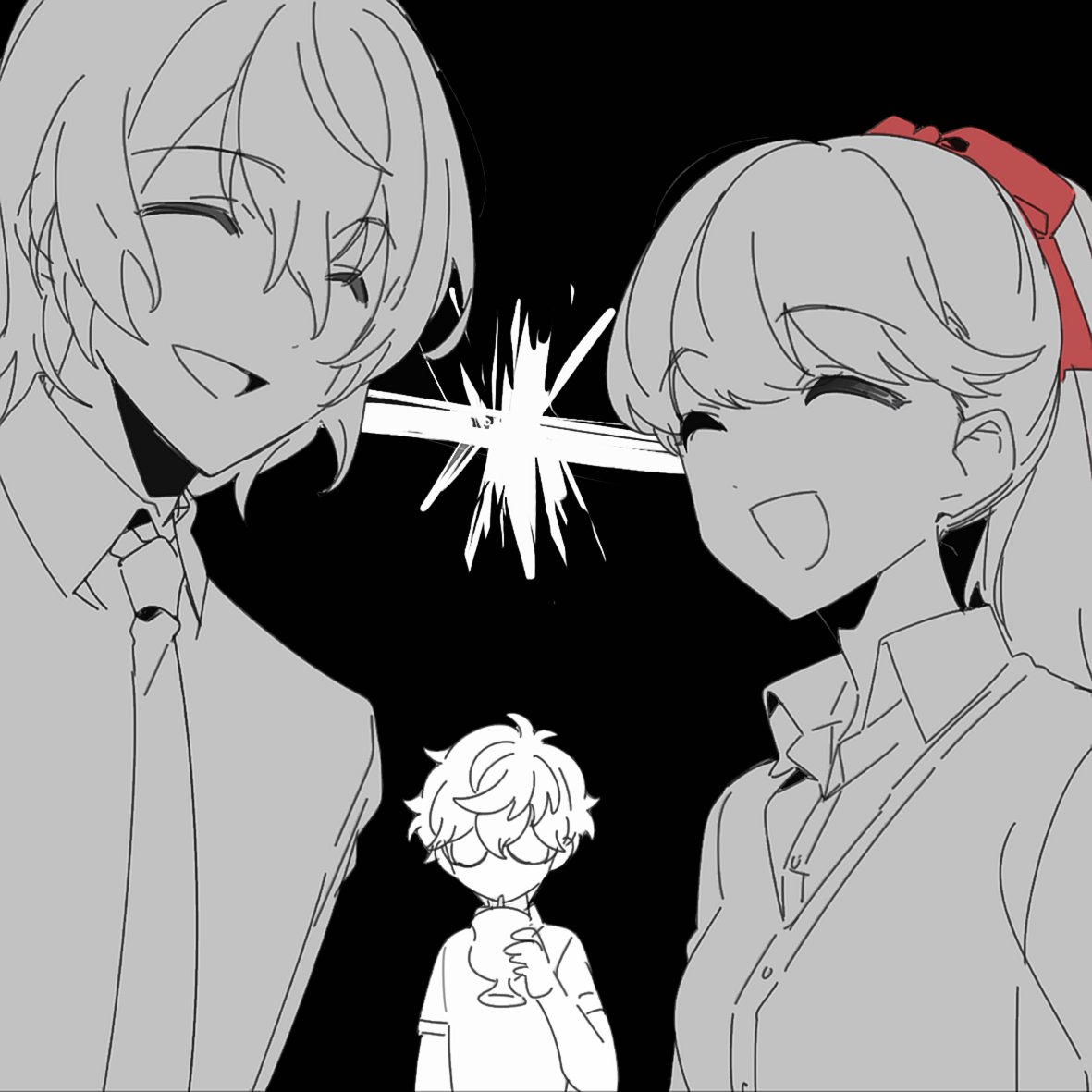 1girl 2boys ^_^ agata120 akechi_gorou amamiya_ren closed_eyes collared_shirt cup drinking_straw drinking_straw_in_mouth glasses greyscale holding holding_cup lightning_glare long_hair monochrome multiple_boys necktie open_mouth persona persona_5 persona_5_the_royal ponytail rivalry shirt simple_background spot_color upper_body yoshizawa_sumire