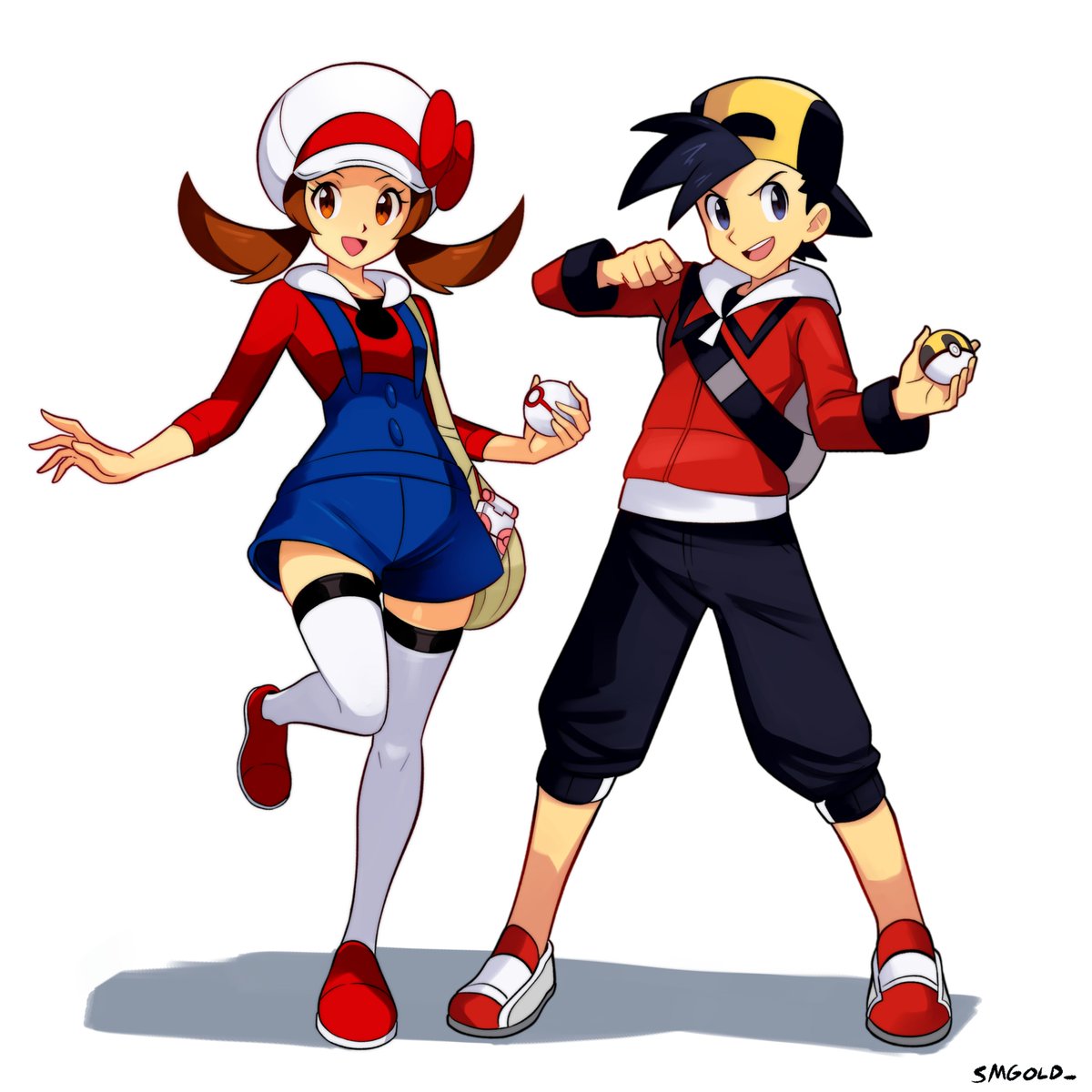 1boy 1girl artist_name backwards_hat bag baseball_cap black_eyes black_hair black_pants blue_overalls brown_hair english_commentary ethan_(pokemon) hat highres holding holding_poke_ball hood hood_down hooded_jacket hoodie jacket looking_at_viewer lyra_(pokemon) medium_hair overalls pants poke_ball pokemon pokemon_hgss red_jacket red_shirt shadow shirt short_hair simple_background smgold standing standing_on_one_leg thighhighs twintails white_background white_hat white_thighhighs