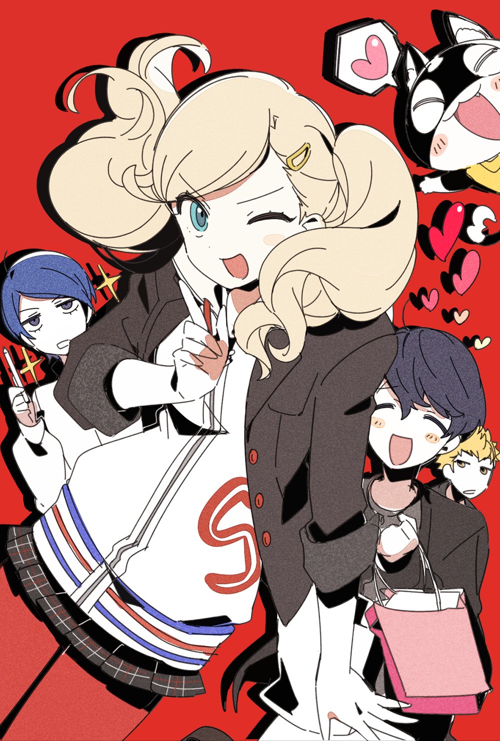 3boys agata120 bag black_hair blonde_hair blue_eyes blue_hair cat closed_eyes fang hair_ornament hairclip heart highres kitagawa_yuusuke long_hair morgana_(persona_5) multiple_boys one_eye_closed open_mouth pantyhose persona persona_5 persona_5_the_royal personification red_background red_pantyhose sakamoto_ryuuji shopping_bag simple_background skirt sparkle takamaki_anne twintails