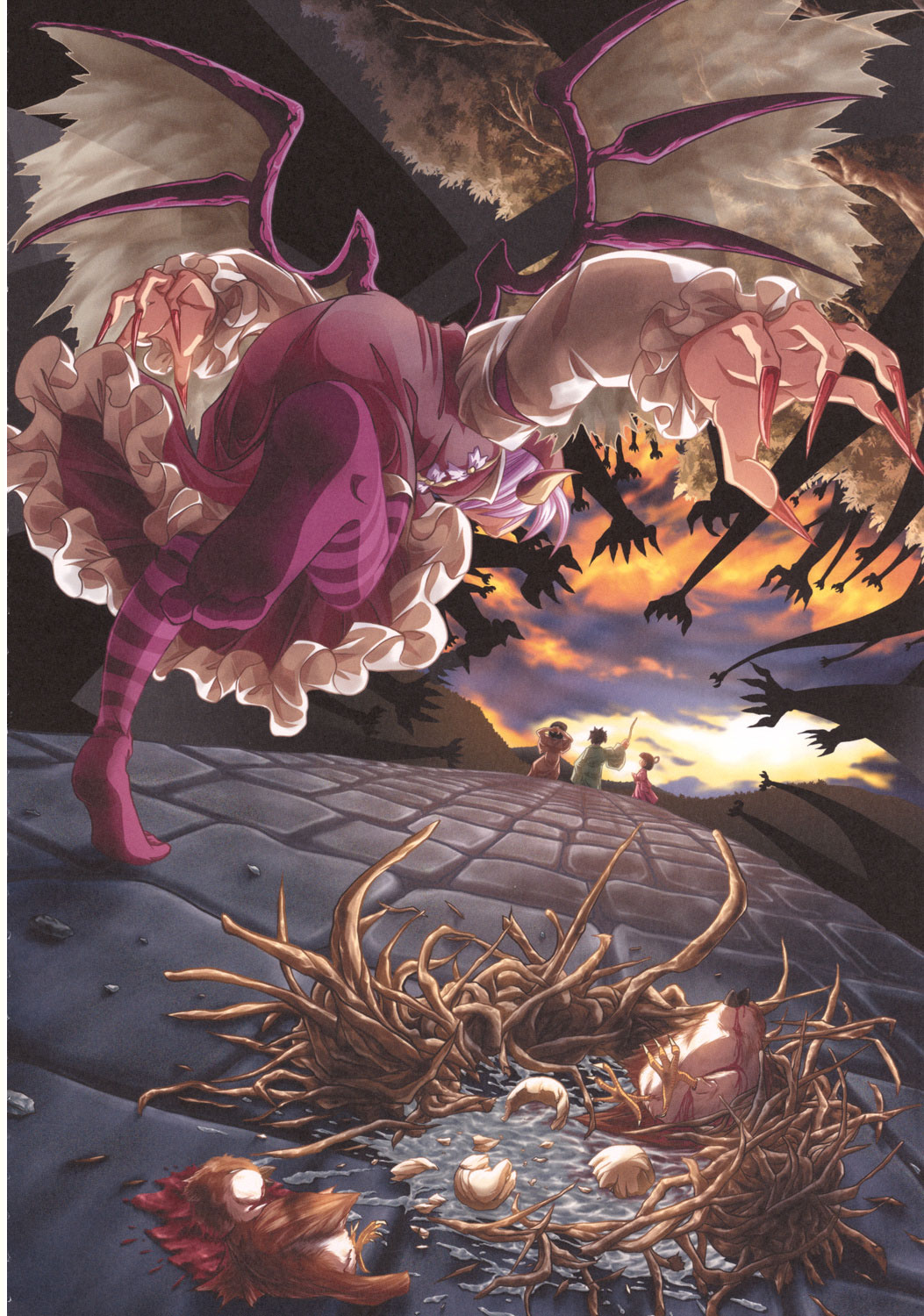 amamizu_(myofuu_kai) angry ass bent_over bird blood child death egg feet fingernails from_behind from_below highres long_fingernails mystia_lorelei nest no_shoes pink_hair running sharp_fingernails solo sparrow standing striped thighhighs tiptoes touhou tree wings