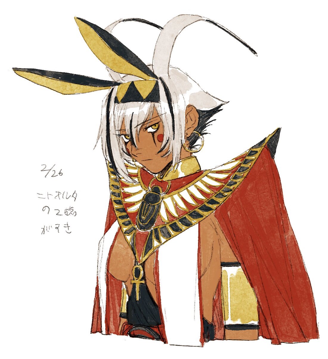 1girl animal_ears armlet black_hair breasts cape closed_mouth commentary_request cropped_torso dark-skinned_female dark_skin dated earrings egyptian_clothes fake_animal_ears grey_hair hair_horns hairband highres hoop_earrings jewelry looking_at_viewer multicolored_hair neck_ring original red_cape sabyap sideboob simple_background solo streaked_hair translation_request white_background yellow_eyes