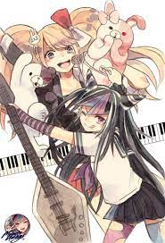2girls black_hair blonde_hair danganronpa_(series) danganronpa_3_(anime) enoshima_junko guitar in-franchise_crossover instrument looking_at_viewer lowres mioda_ibuki monokuma multiple_girls non-web_source one_eye_closed open_mouth piano_keys precure stuffed_animal stuffed_toy suite_precure teddy_bear tongue tongue_out voice_actor_connection