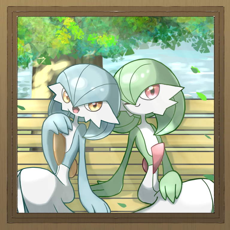 2girls alternate_color blue_hair blue_skin bob_cut border brown_border closed_mouth colored_skin commentary_request day falling_leaves flat_chest gardevoir green_hair green_skin hair_between_eyes hand_on_lap hand_to_own_mouth hand_up happy leaf leaning_to_the_side looking_at_viewer monya multicolored_skin multiple_girls on_bench one_eye_closed open_mouth orange_eyes outdoors photo_(object) pokemon pokemon_(creature) red_eyes shiny_and_normal shiny_pokemon short_hair sitting smile tree two-tone_skin white_skin