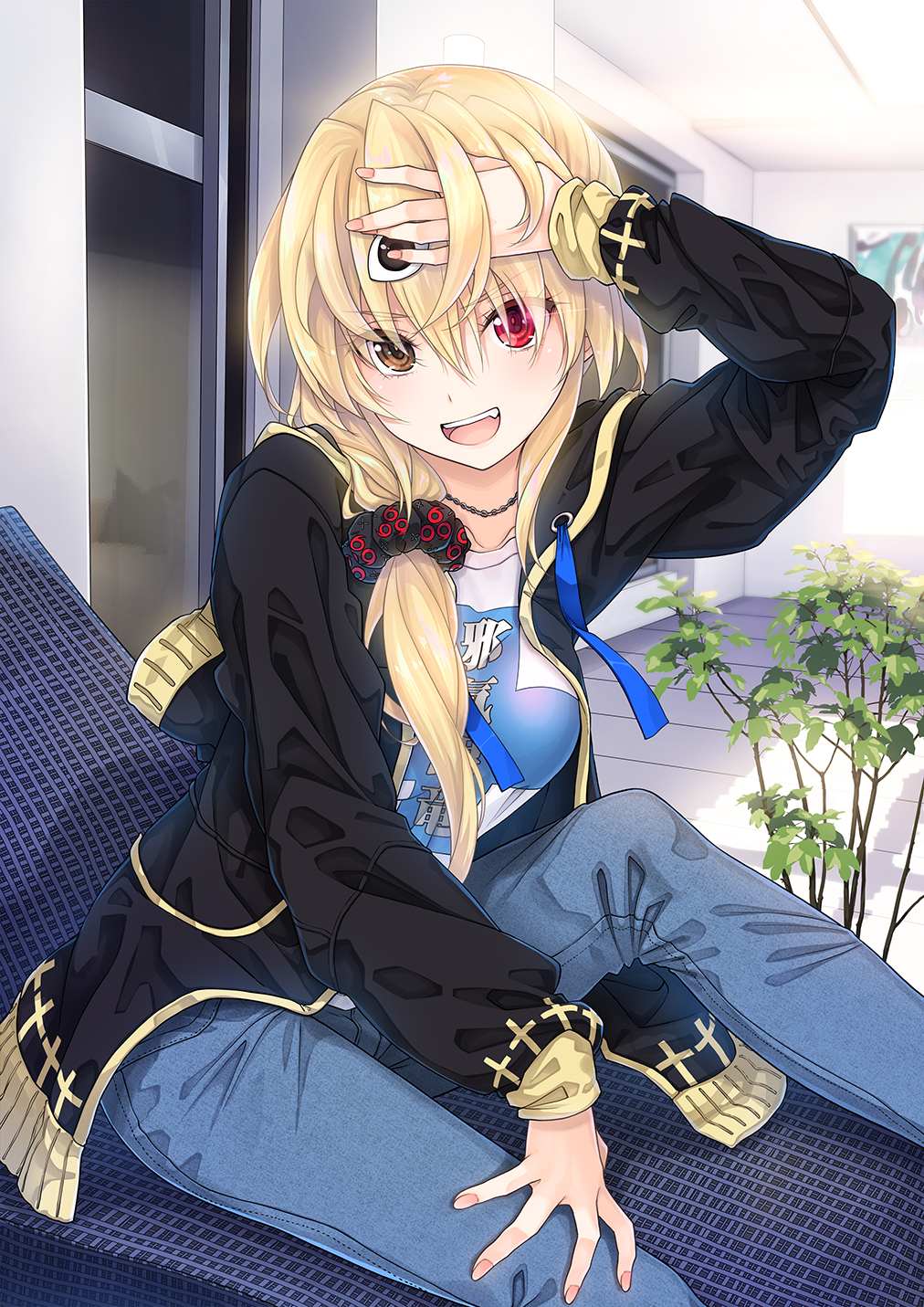 1girl black_coat blonde_hair bontenmaru_(oda_nobuna_no_yabou) coat denim eyepatch eyepatch_lift fang hair_ornament hair_over_shoulder hair_scrunchie hand_on_own_forehead heterochromia highres jeans jewelry long_hair long_sleeves looking_at_viewer miyama-zero necklace oda_nobuna_no_yabou open_mouth pants ponytail print_shirt red_eyes scrunchie shirt sitting solo tailcoat teeth upper_teeth_only white_shirt yellow_eyes