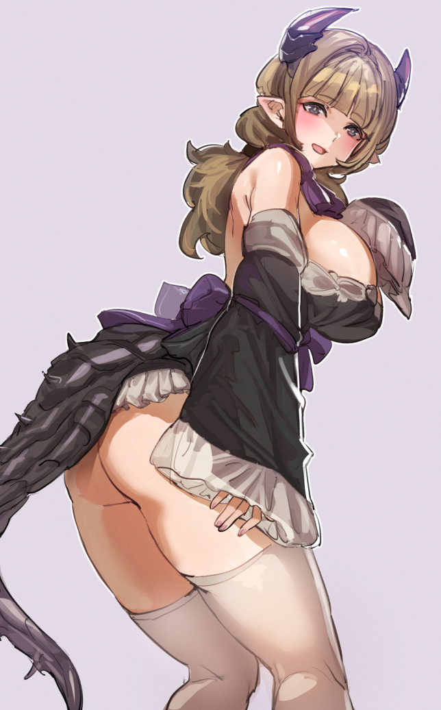 1girl ass bare_shoulders black_eyes black_sleeves black_tail bow_(bhp) breasts brown_hair character_request chinese_commentary commentary_request copyright_request detached_sleeves fingernails grey_background horns large_breasts long_hair looking_at_viewer no_panties open_mouth purple_horns simple_background sleeves_past_wrists smile solo standing tail thighhighs white_thighhighs