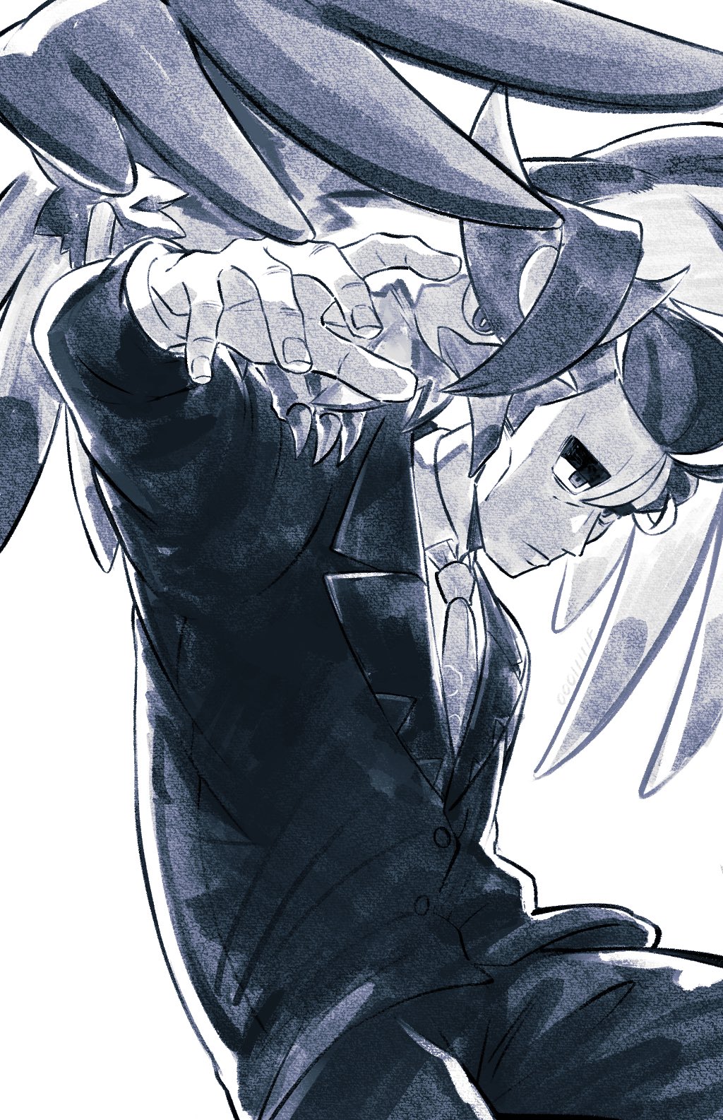 1boy 1f_(seisen_shokuhin) beak bird black_suit closed_mouth greyscale highres larry_(pokemon) male_focus monochrome necktie pokemon pokemon_sv simple_background staraptor suit thick_eyebrows white_background wings