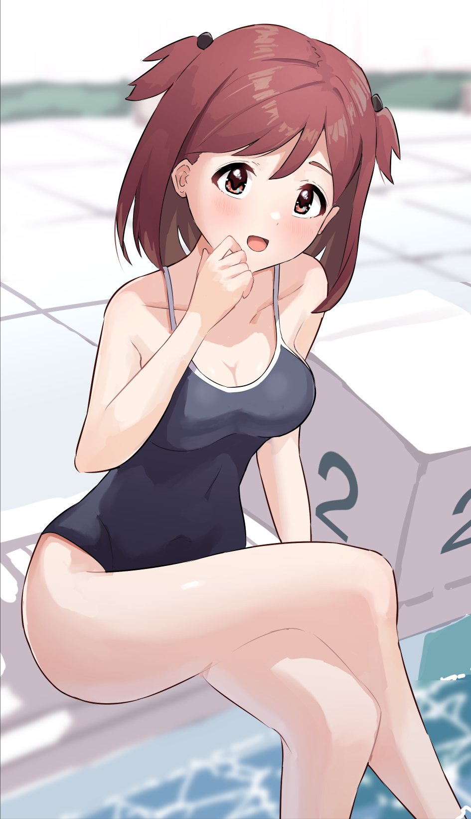 aoba_misaki blush breasts cleavage collarbone competition_school_swimsuit crossed_legs dot_nose ebifu hair_tie hand_on_own_chin highres idolmaster idolmaster_million_live! idolmaster_million_live!_theater_days looking_at_viewer medium_breasts open_mouth outdoors parted_bangs pool red_eyes red_hair school_swimsuit short_hair swimsuit two_side_up