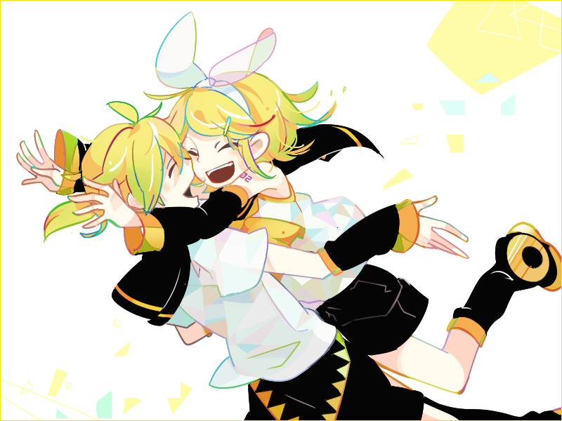 1boy 1girl bare_shoulders black_sailor_collar black_shorts black_sleeves blonde_hair bow brother_and_sister closed_eyes detached_sleeves glomp hair_bow hair_ornament hairclip hako_(swimjelly) happy hug kagamine_len kagamine_rin leg_warmers neckerchief necktie open_mouth outstretched_arms sailor_collar shirt short_hair short_ponytail short_sleeves shorts shoulder_tattoo siblings sleeveless sleeveless_shirt smile tattoo twins vocaloid white_bow white_shirt yellow_neckerchief