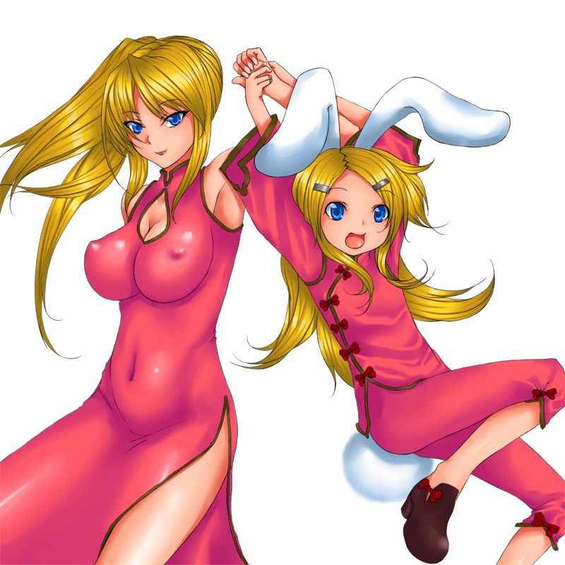 animal_ears bare_shoulders blonde_hair blue_eyes breasts bunny_ears china_dress chinese_clothes cleavage copyright_request dress large_breasts multiple_girls rokuichi side_slit small_breasts smile tight