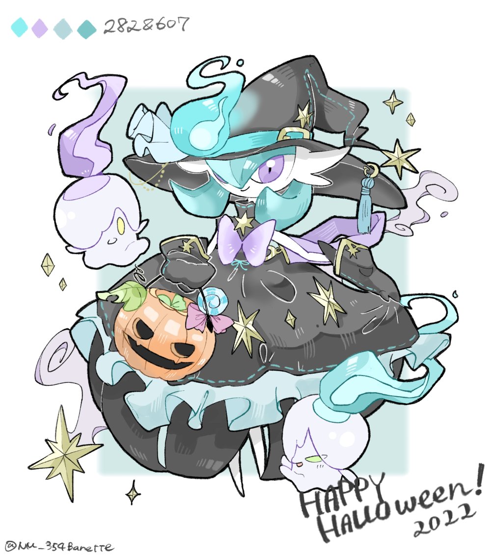 alternate_color black_dress blue_hair dress fire gardevoir halloween_bucket happy_halloween hat litwick looking_at_viewer mega_gardevoir nm_354banette pokemon pokemon_(creature) purple_eyes shiny_pokemon simple_background smile star_(symbol) witch_hat