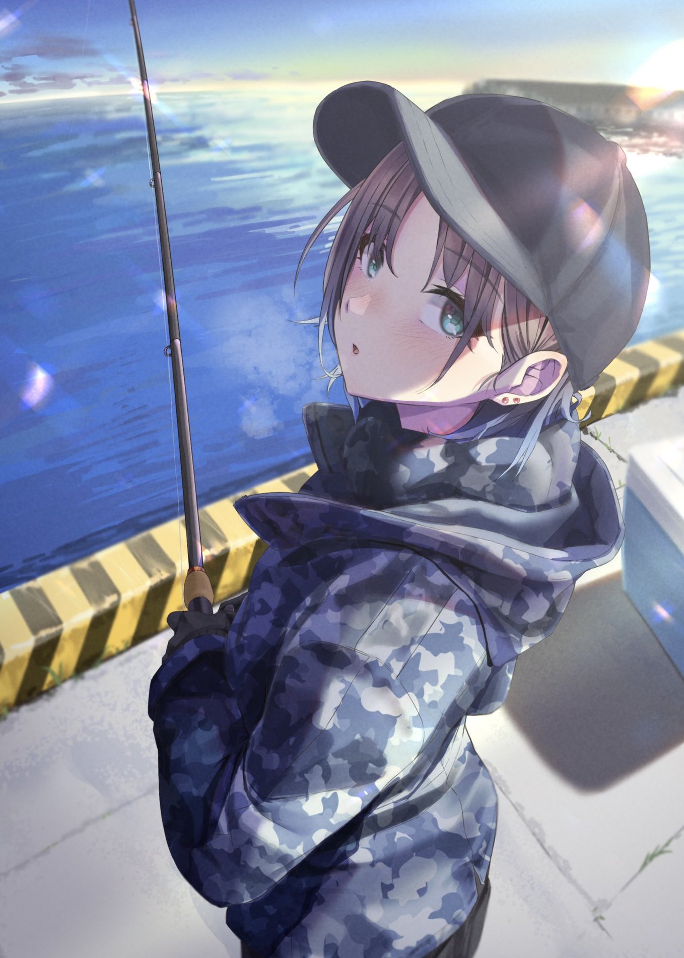 1girl :o asakura_toru baseball_cap black_gloves blush breath camouflage camouflage_jacket earrings fishing fishing_rod gloves hat highres holding holding_fishing_rod hood hooded_jacket idolmaster idolmaster_shiny_colors jacket jewelry kaiso_(kaisooekaki) looking_at_viewer looking_to_the_side outdoors solo stud_earrings