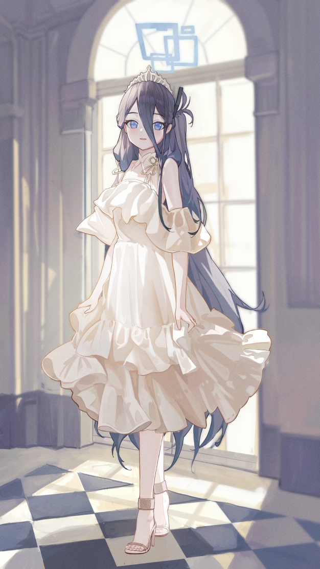 1girl absurdly_long_hair alternate_costume aris_(blue_archive) black_hair blue_archive blue_eyes blue_halo breasts checkered_floor dress full_body halo high_heels indoors long_hair looking_at_viewer one_side_up open_mouth small_breasts smile solo standing toes very_long_hair white_dress white_footwear window wuzhihuijia