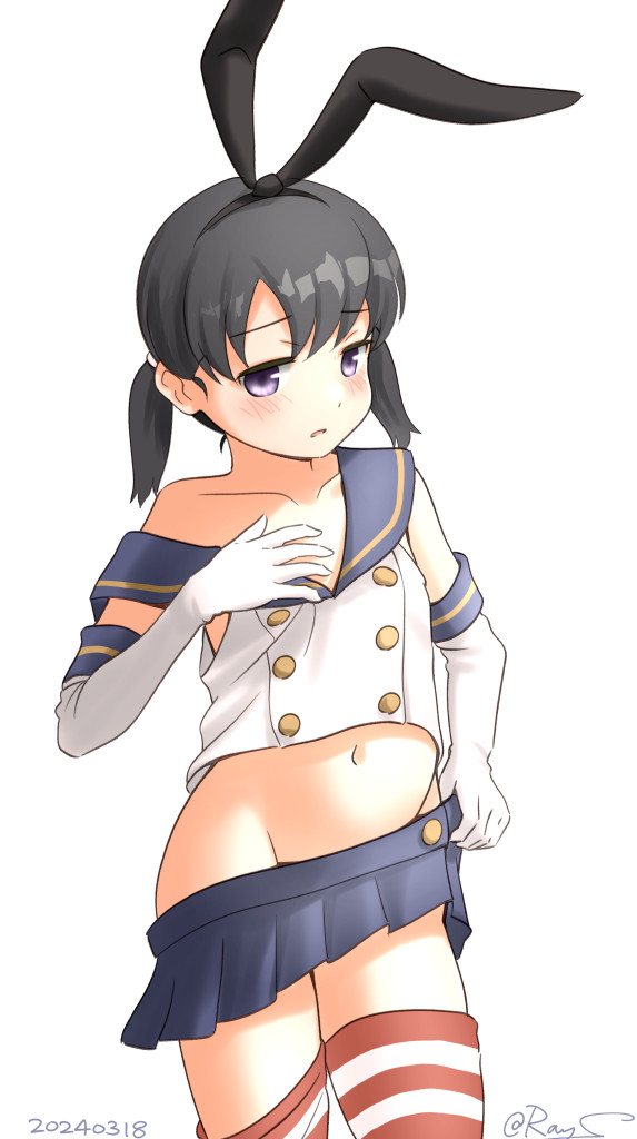 1girl black_hair black_hairband blue_sailor_collar blue_skirt cosplay cowboy_shot crop_top elbow_gloves gloves groin hairband kantai_collection microskirt miniskirt no_panties one-hour_drawing_challenge oversized_clothes pleated_skirt purple_eyes ray.s sailor_collar shimakaze_(kancolle) shimakaze_(kancolle)_(cosplay) shirt short_hair shounan_(kancolle) skirt sleeveless sleeveless_shirt solo striped_clothes striped_thighhighs thighhighs twintails white_gloves