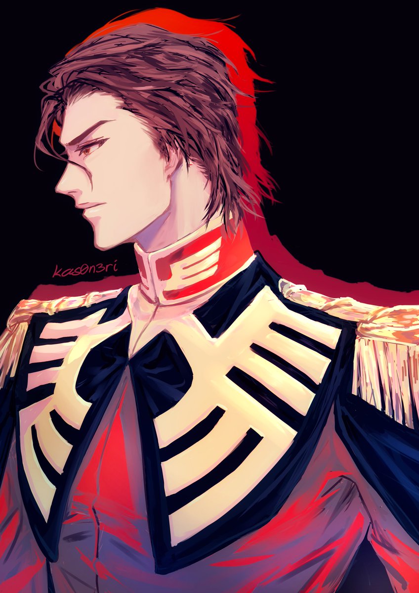 1boy aizen_sousuke artist_name black_background bleach brown_eyes brown_hair char_aznable char_aznable_(cosplay) closed_mouth cosplay epaulettes hair_between_eyes hair_pulled_back kas0n3ri looking_to_the_side loose_hair_strand male_focus military military_uniform solo uniform upper_body