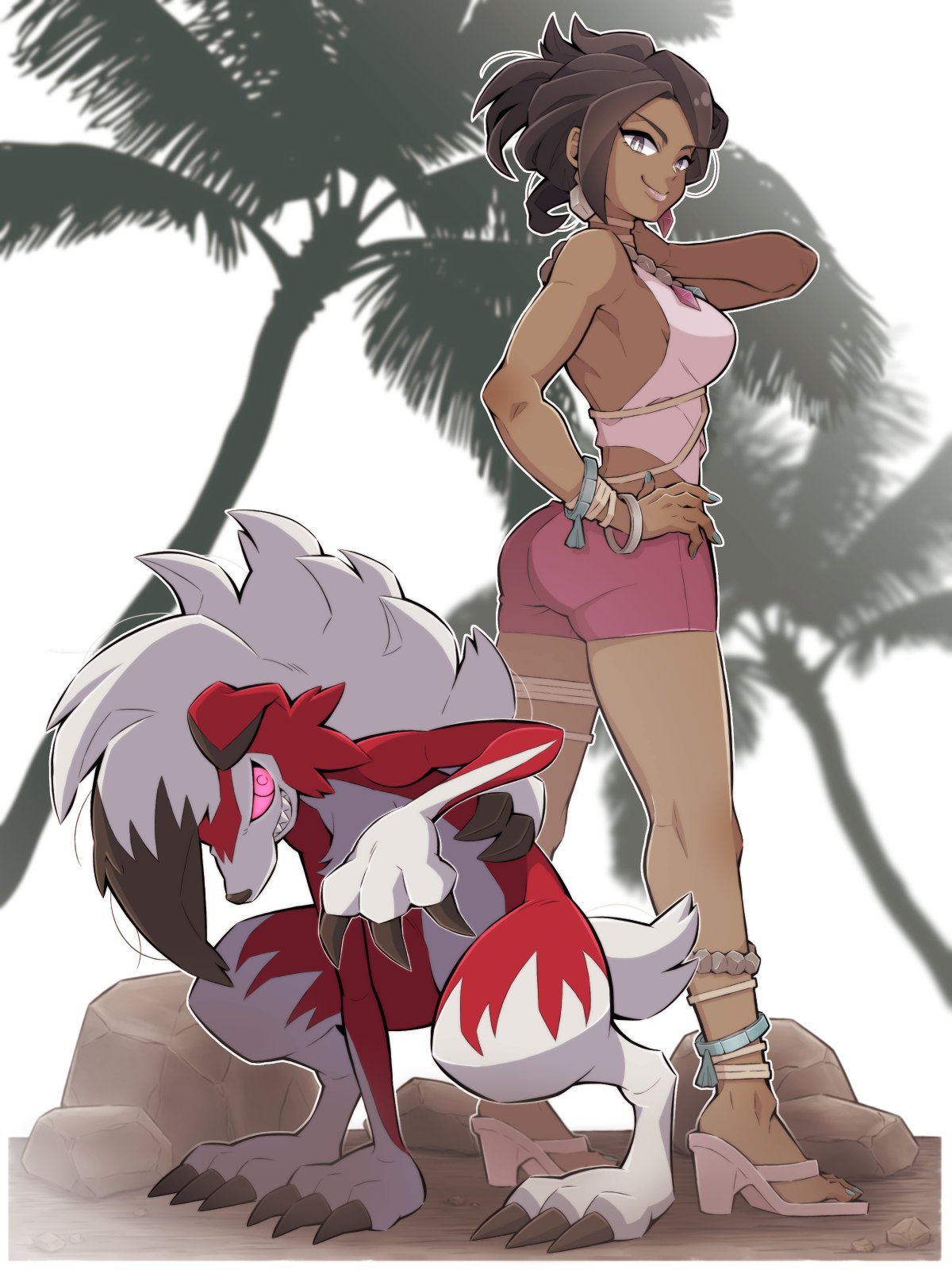 1girl 34capri ass bandaged_arm bandages bare_shoulders bead_necklace beads black_hair blue_nails breasts claws closed_mouth commentary_request dark-skinned_female dark_skin full_body grin high_heels highres jewelry looking_at_viewer lycanroc lycanroc_(midnight) medium_breasts medium_hair multiple_anklets multiple_bracelets necklace olivia_(pokemon) palm_tree pink_eyes pink_lips pink_shorts pokemon pokemon_(creature) pokemon_sm red_fur sharp_teeth short_shorts shorts smile standing teeth tree two-tone_fur white_fur